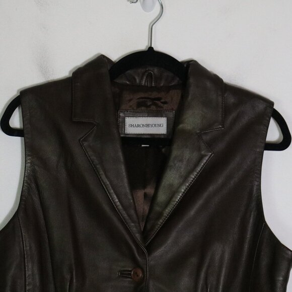 Vintage Sharon Young Y2K Chocolate Brown Leather Vest Drop Waist Cowgirl Western - Picture 2 of 5